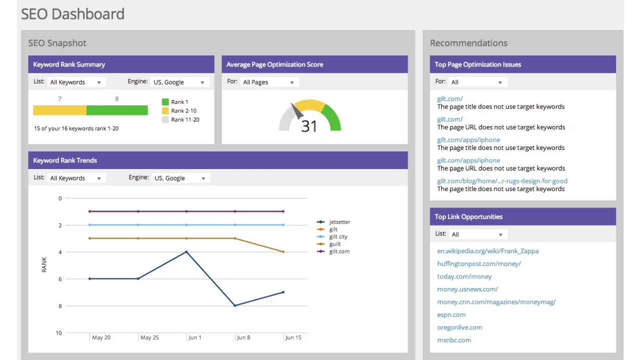 SEO Dashboard Analytics Interface